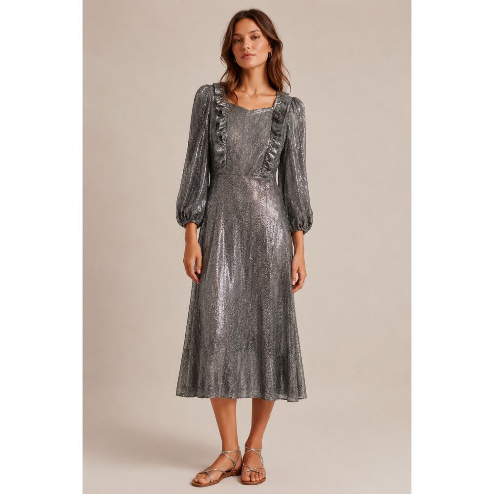 Metallic Cottagecore Prairie Midi Dress 8 Long Balloon Sleeve Vintage 70s SILVER